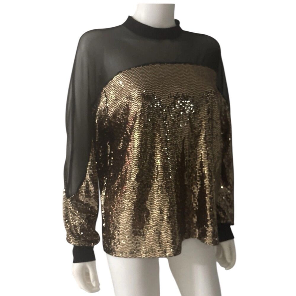 Nine West Black Gold Sequins Knit Sheer Mesh Long Sleeve Blouse Women’s Size S